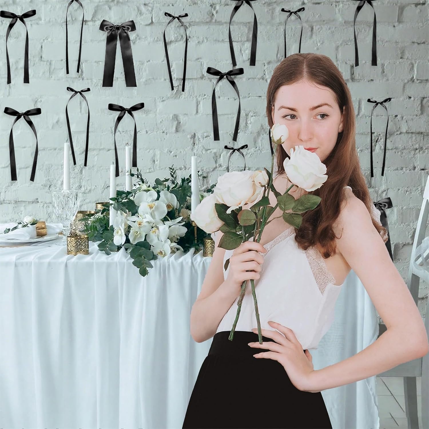 Skiennix Black Bow Birthday Decorations - 45Pcs DIY Ribbon Bow Wall Decor | 3 Sizes for Parties & Events