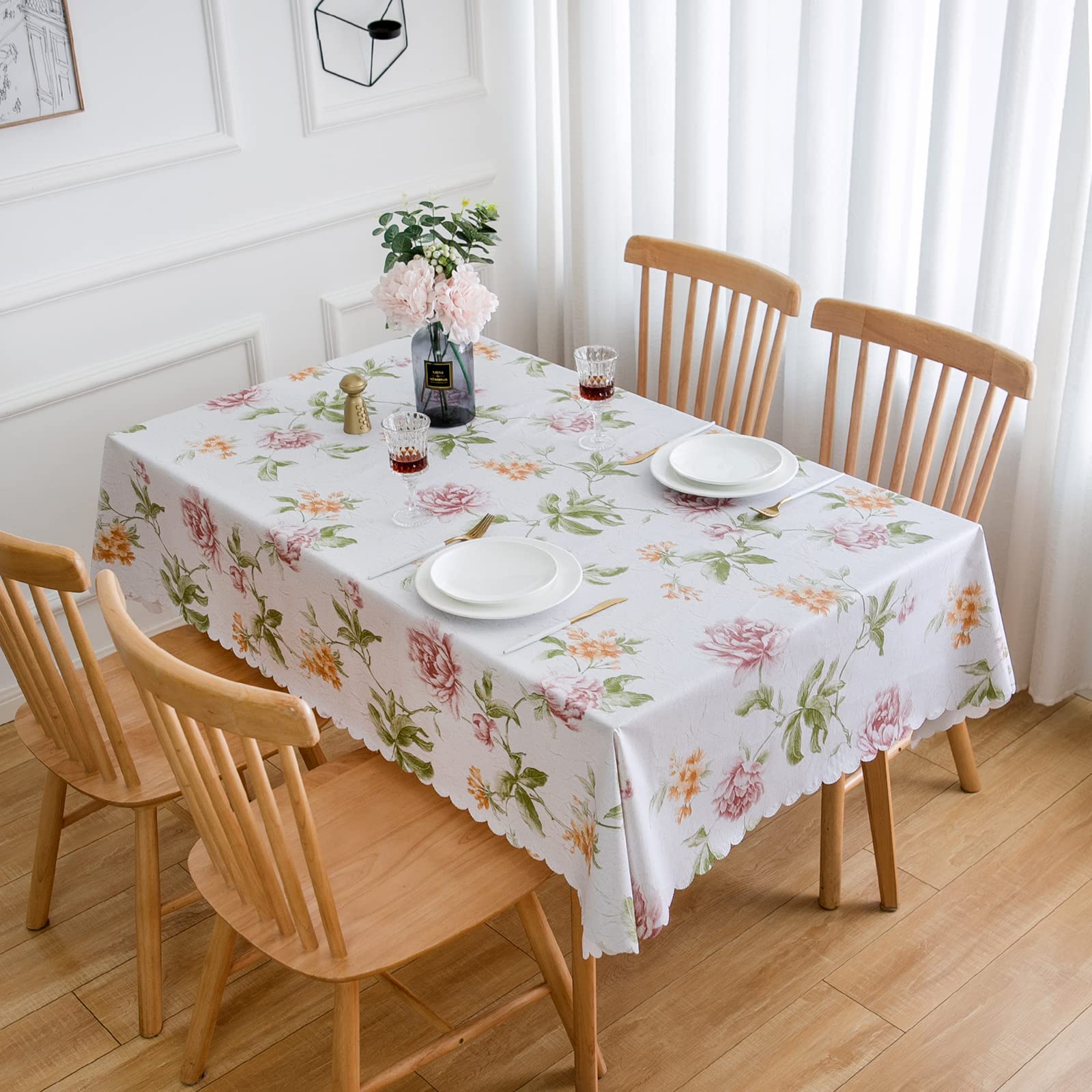 LIBERECOO Premium Floral Vinyl Tablecloth Set - Waterproof Oilproof PVC Table Cover for Rectangle Tables- Heavy-Duty Indoor/Outdoor Use (52" x 108“ Rectangular)
