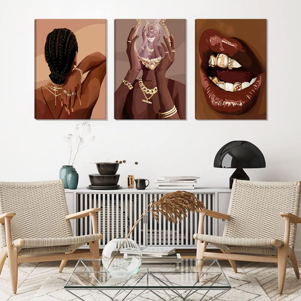ANVOTIG Framed Black Woman Wall Art Set of 3 Black Girl African Women Canvas Wall Decor American Black Female Pictures Boho Fashion Abstract Posters for Home BedRoom Living Room Bathroom16x24in