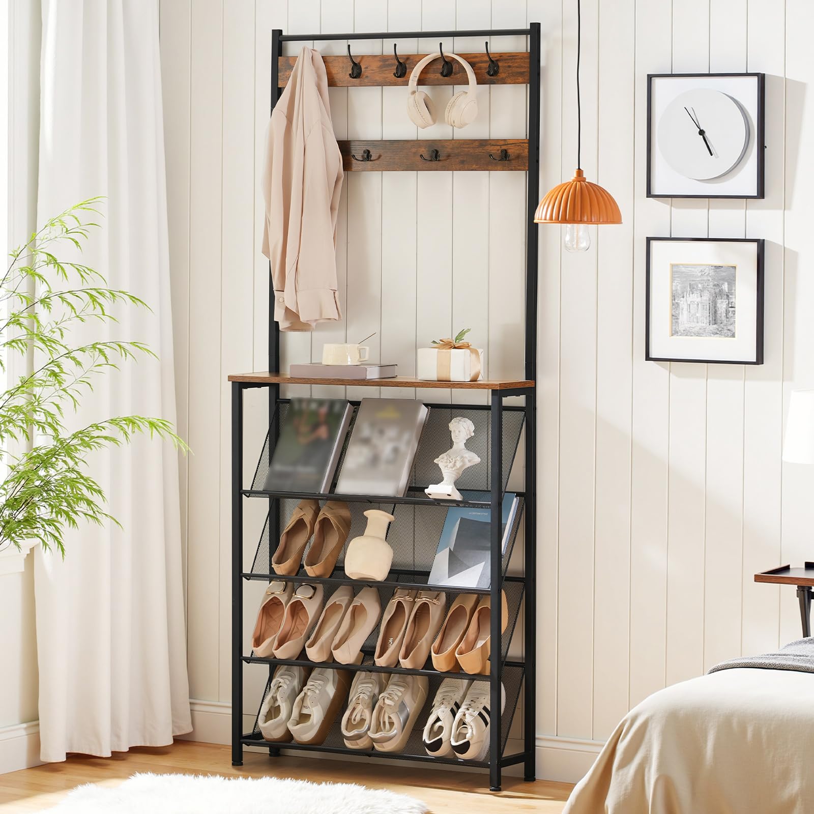 HOOBRO Hall Tree with Bench, Narrow Shoe Rack with Coat Rack, Coat Rack with Shoe Storage, 5 Tier Slanted Shoe Storage Organizer, Coat and Shoe Rack Entryway, Slim Hall Tree, Rustic Brown BF20MT01