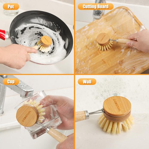DEBETOOL Bamboo Pot Dish Brush,3 Pack Natural Wooden Scrub Brush with Sisal Fiber,Suitable for Dishes,Pans,Pot and Other Utensils-Sustainable,Kitchen Cleaning Brush with 2 Replacement Brush Heads
