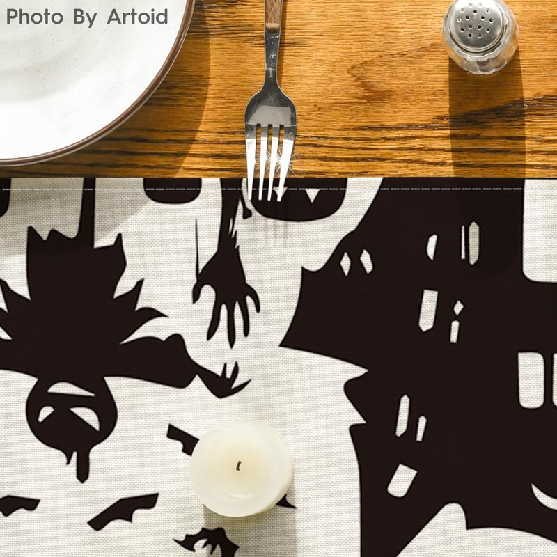Artoid Mode Black White Spooky Haunted House Tree Ghost Witch Halloween Table Runner, Kitchen Dining Table Decoration for Home Party Decor 13x120 Inch