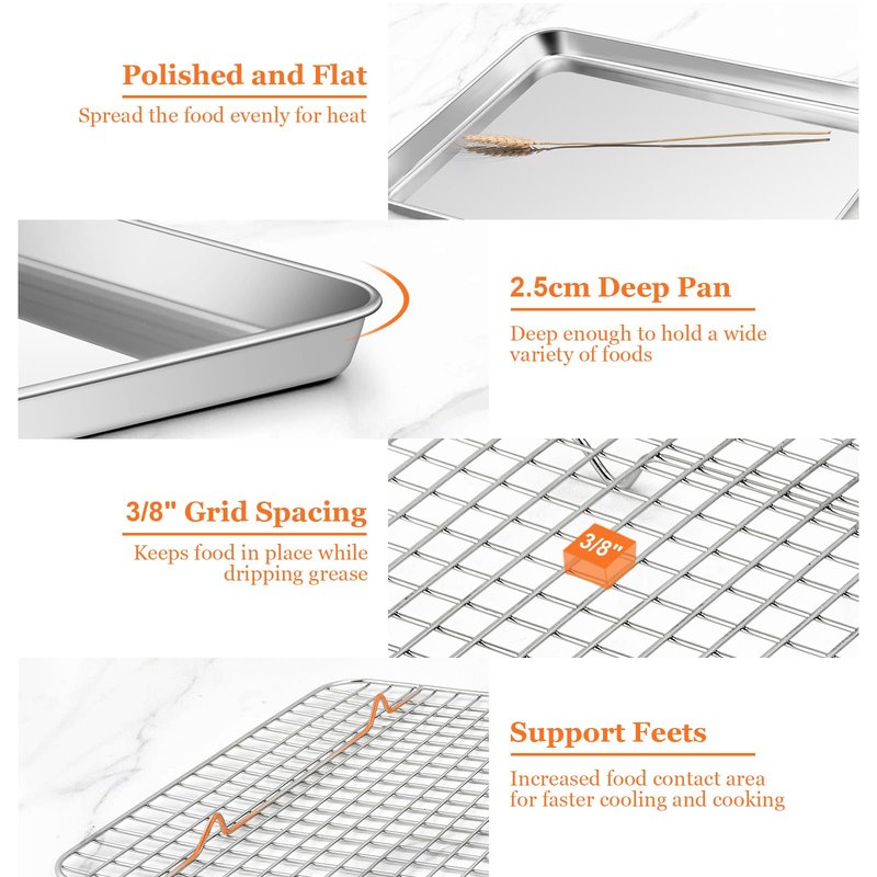 Half Sheet Baking Pan & Wire Rack, Leonyo 17.5" x 13" Large Stainless Steel Cookie Sheets with Cooling Rack Set, Nonstick & Oven Safe Commercial Baking Tray Pans - 4 Pack