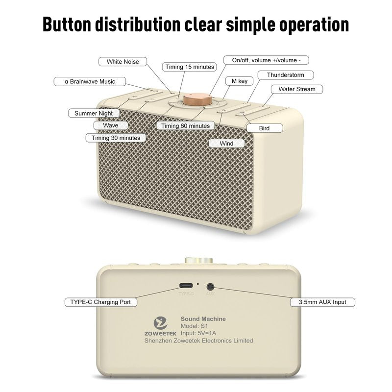 ZOWEETEK Sound Machine with 10 Exclusive Songs, White Noise Machine with 8 Natural Soothing Sounds, Memory and Timer Function, Work of 20 hours, Portable Sleep Sound Machine for Adults, Baby,Kids,Yoga