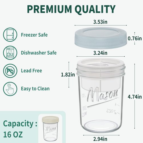 Xyptorix 16 oz Overnight Oats Containers with Lids, 2-Pack Leak-Proof Wide Mouth Mason Jars & Separate Compartments for Fruits/Nuts, Airtight Glass Jars for Chia Pudding, Yogurt, Parfait and Salad