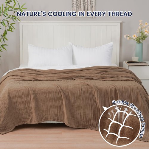 PHF Cooling Muslin Queen Blanket for Hot Sleepers, 60% Rayon Derived from Bamboo, 40% Cotton for Summer, 4-Layer Breathable Gauze Blanket for Bed Couch, 90"x90", Brown