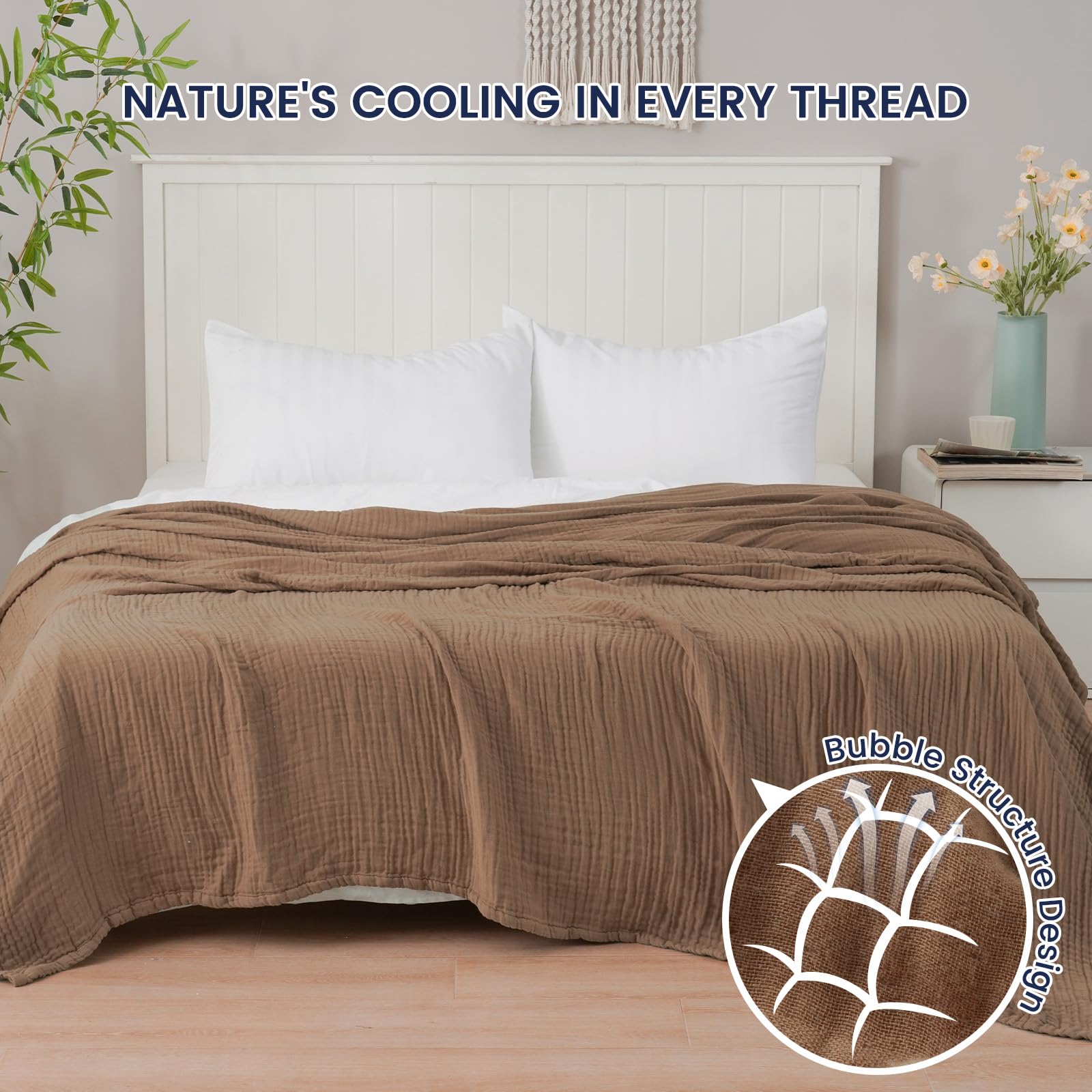 PHF Cooling Muslin Queen Blanket for Hot Sleepers, 60% Rayon Derived from Bamboo, 40% Cotton for Summer, 4-Layer Breathable Gauze Blanket for Bed Couch, 90"x90", Brown