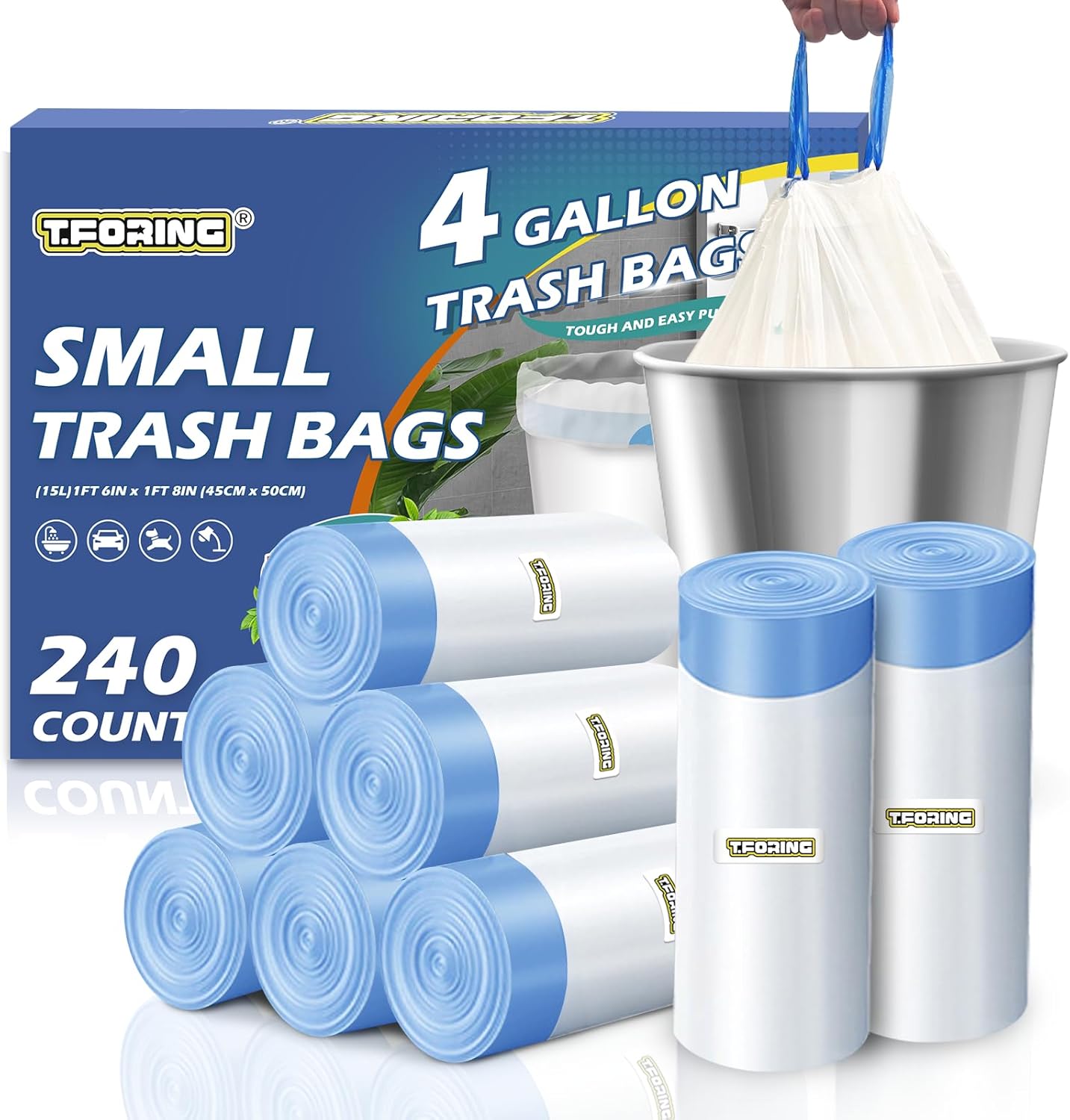 Regine Switzerland 240 Count Drawstring Trash Bags - 4 Gallon White Unscented Wastebasket Liners for Home & Office