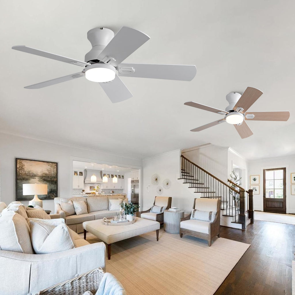 KENSID 42 Inch White Ceiling Fans with Lights and Remote,Low Profile Flush Mount Modern Ceiling Fan with Light, 5 Blades,Dimmable LED Light,6 Speed DC Motor,Indoor Outdoor Ceiling Fan for Bedroom