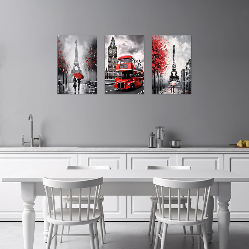 ZXHYWYM Paris Wall Decor - Framed Eiffel Tower Canvas Painting | Romantic Couple with Red Umbrella (12" x 18")