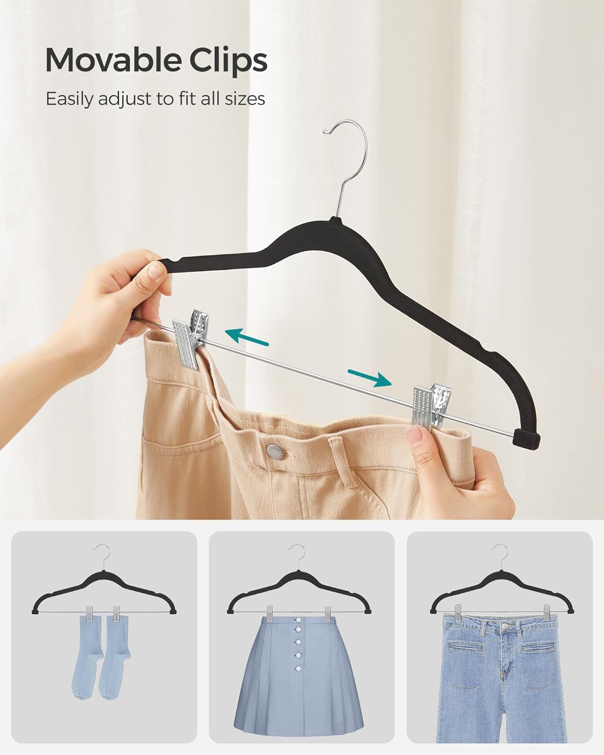 SONGMICS Velvet Pants Hangers - 50-Pack Adjustable Clips, Heavy-Duty, Non-Slip, Space-Saving, Black