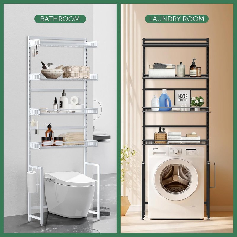Tokokimo Over The Toilet Storage Shelf，4 Tier Over Toilet Bathroom Organizer with Adjustable Shelf Waterproof Feet Pad and Basket, Freestanding Bathroom Shelves Above Toilet Space Saver, White