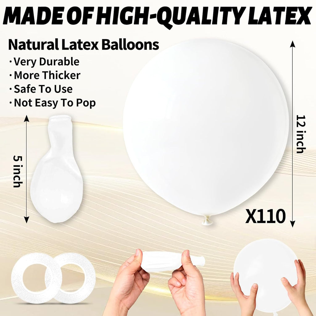 Skiennix 12-Inch White Latex Balloons - 110 Pack for Wedding & Bridal Shower Decorations | Includes 2 Ribbons
