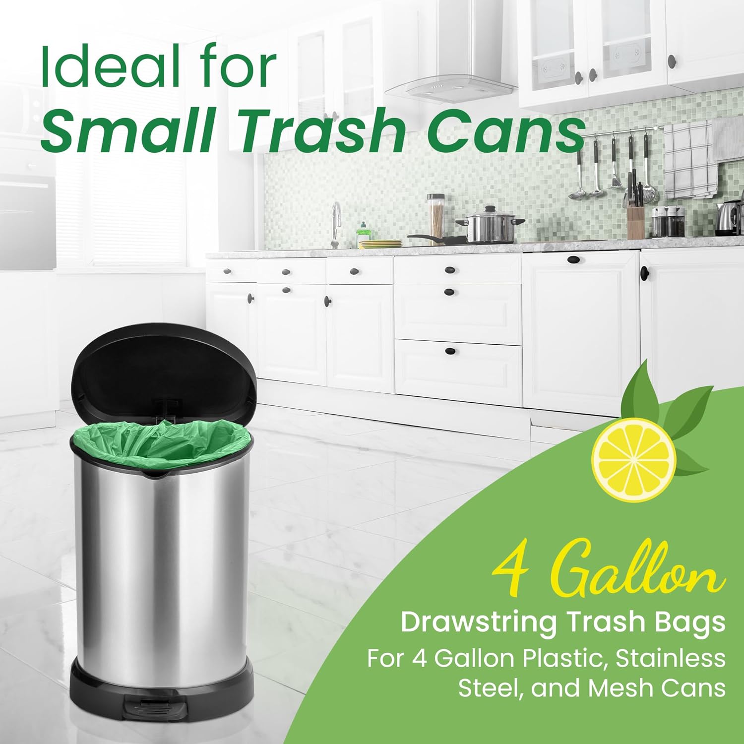 Reli. Citrus Scented Drawstring Trash Bags - 4 Gallon, 100 Count | Ideal for Bathroom & Small Cans