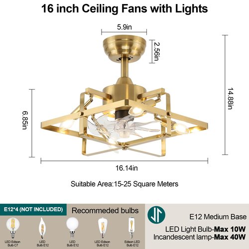 ECOBRT 16" Gold Ceiling Fan with Light and Remote, Flush Mount Indoor, 6-Speed Reversible Motor for Bedroom, Living Room, Kitchen