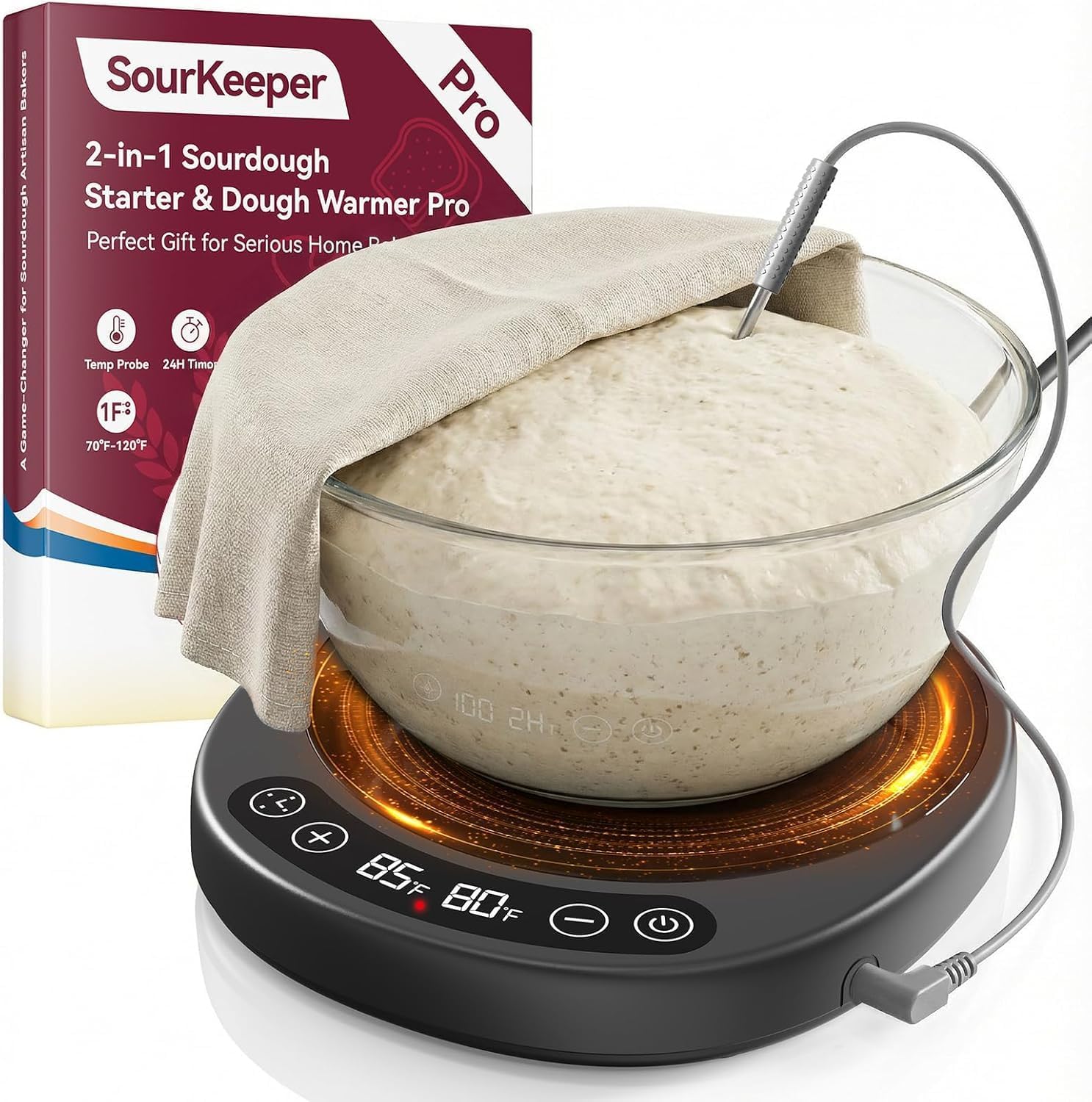 SourKeeper 2-in-1 Sourdough Starter Warmer Pro - 2026 Upgrade with Temp Probe & 24H Timer, Black