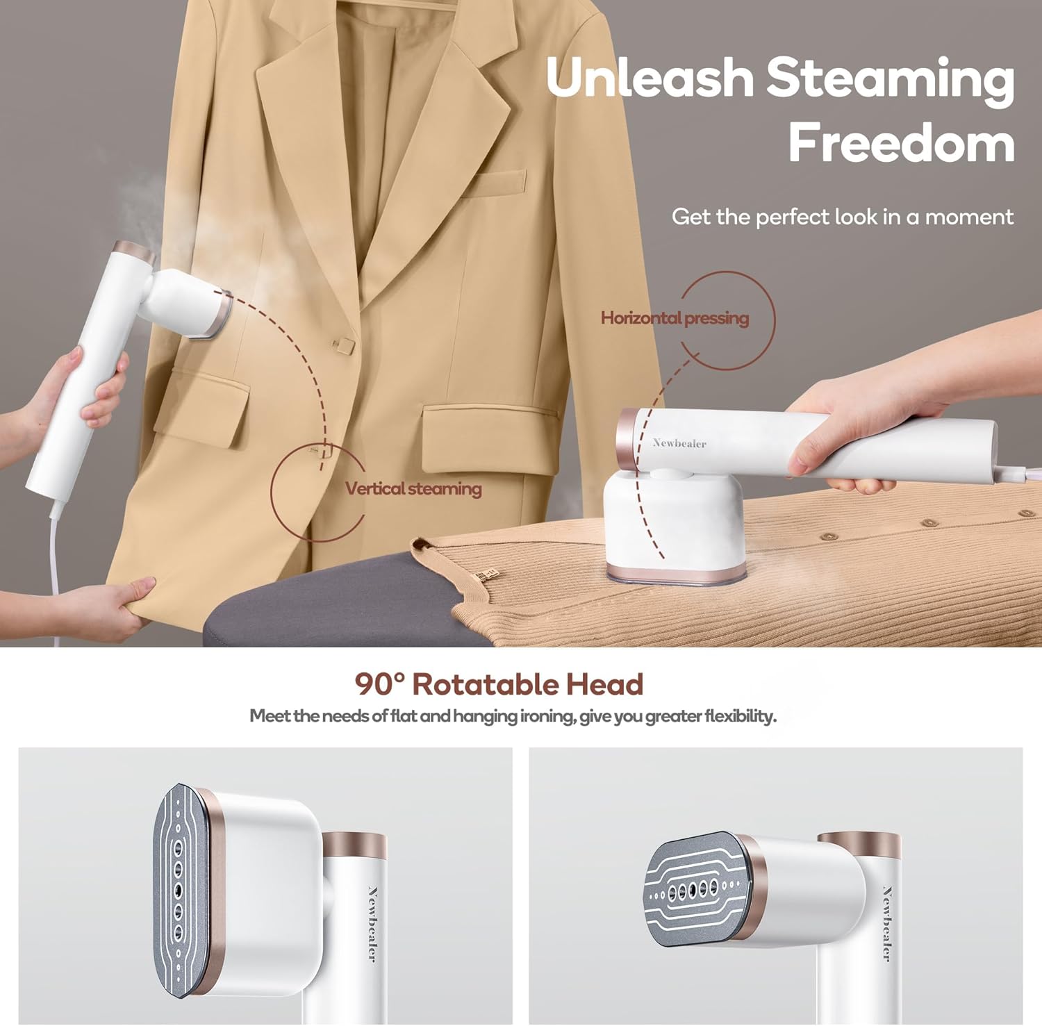 Newbealer Steamer for Clothes - 1200W Portable Steam Iron with 2 Steam Levels & Fast 15s Heat Up | Vertical & Horizontal Use