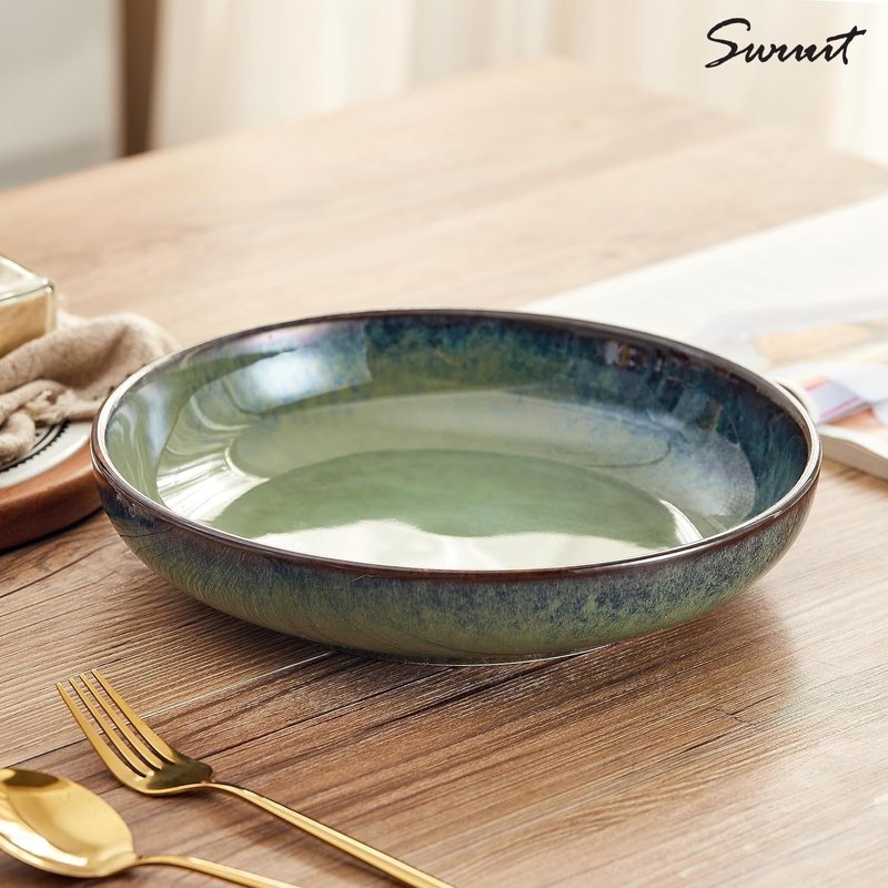 Swuut Transmutation Glaze Serving Pasta Bowl,10 inch Ceramic Wide Salad Bowls,50 Ounce Large Big Fruit Bowl for Kitchen, Microwave Oven Dishwasher Safe (Green)