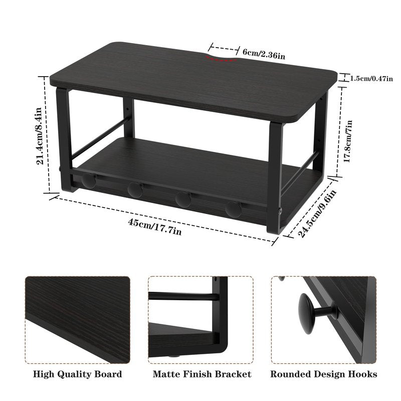 ANYHI Wall Mounted Floating Nightstand, Double Floating Bedside Table, Wood Bedside Shelf with 4 Hooks, Hanging Night Stand for Bedroom, Living Room, Bathroom, Kitchen, Office