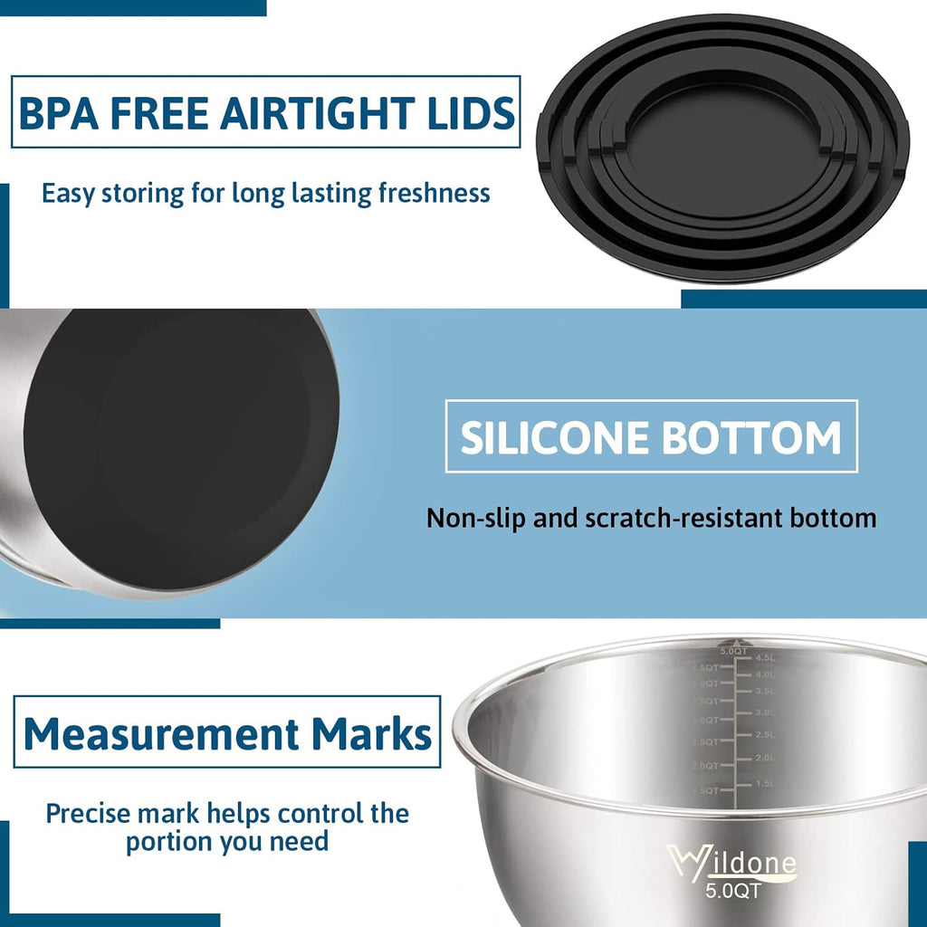 Wildone Mixing Bowls - Stainless Steel Nesting Set of 5 with Airtight Lids & Non-Slip Bottoms | 1.5-8 QT