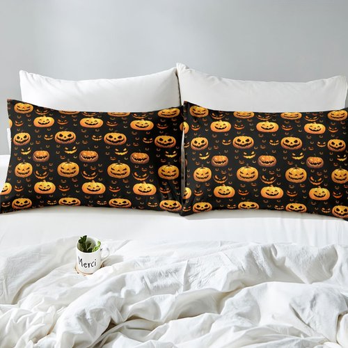 Feelyou Funny Pumpkin Bed Set Cute Halloween Bed Sheets for Kids Boys Girls Children Orange Black Sheet Set Cartoon Festival Decor Sheets with 2 Pillowcases 4Pcs Bedding Full