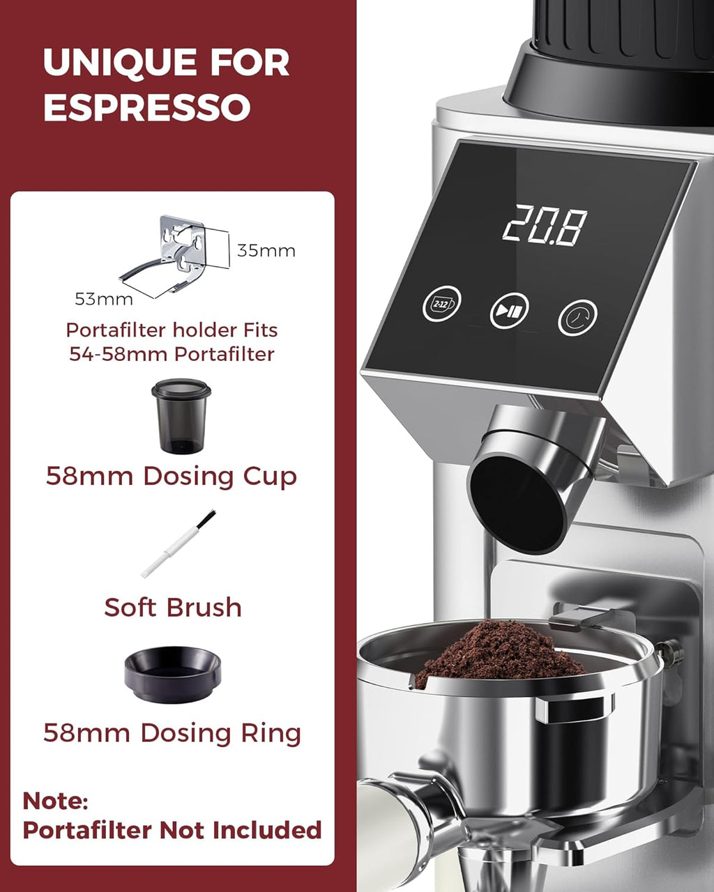 Tuni G1 Conical Burr Coffee Grinder - 48 Grind Settings, Precision Timer & LED Touchscreen | Stainless Steel Silver