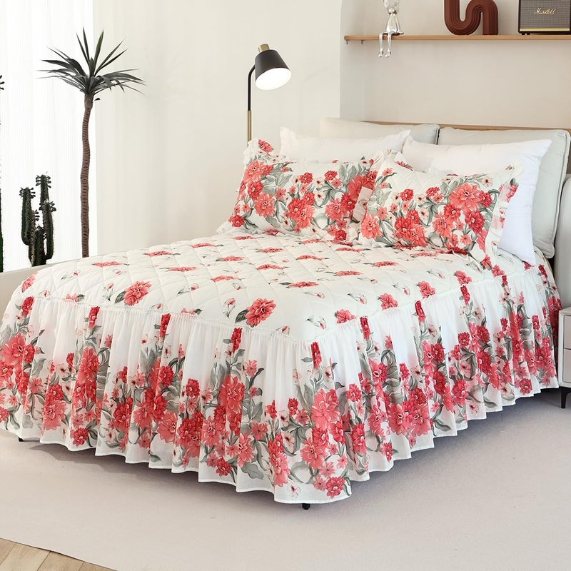 EVENHUG Ruffle Skirt King Size Bedspread Set Red Floral 100% Cotton Quilt Bedding Sets with Pillow Shams Lightweight Soft Coverlet Bed Spreads Sets 3 Piece (King, 78"x80")