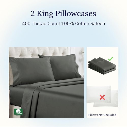 California Design Den King Size Pillowcase Set - 400 Thread Count 100% Cotton Sateen | Soft Breathable Grey - Set of 2