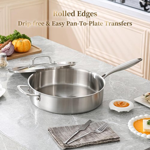 DELARLO 5QT Saute Pan Tri-Ply Stainless Steel Pan, 12Inch Deep Frying Pan with Steel cover, Kitchen Large Skillet,Heavy Duty Style Compatible With All Cooktops Up to 650℉
