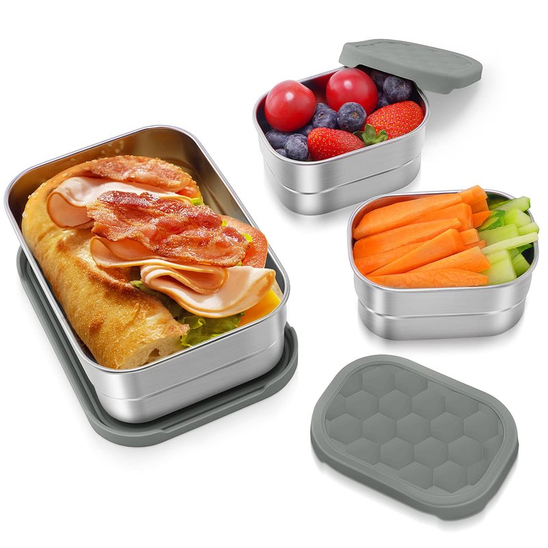Tanjiae 3 CUP+1 CUP Stainless Steel Lunch Snack Containers Set | Leak Proof 304 Stainless Steel Food Containers with Silicone Lids - Perfect Metal Lunch Box for School and Daycare (25oz+8oz*2)