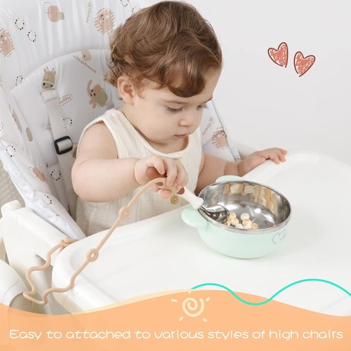 4PK Baby Spoon and Fork with Holder Straps for Kids Aged 6+ Months Self Feeding, No Throw Toddler Travel Essential Leash for High Chair or Bib or Wrist, Silicone Baby Led Weaning Supplies-Green/Green