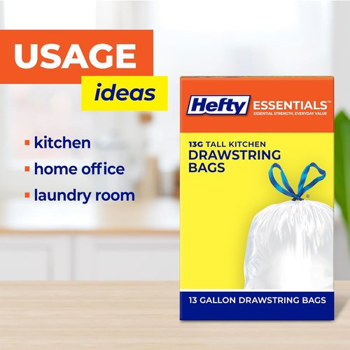 Hefty Essentials 13 Gallon Drawstring Kitchen Trash Bags - 45 Count, Tall & Unscented, Easy to Tie & Lift