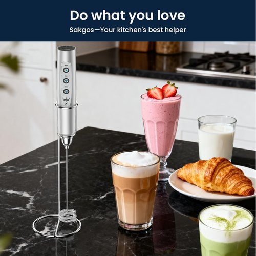 Sakgos Milk Frother with Stand Rechargeable-Handheld Frother Wand with 3 Stainless Whisks 3 Speed Adjustable, Electric Whisk Drink Mixer, Foam Maker Blender for Matcha Latte Cappuccino Chocolate
