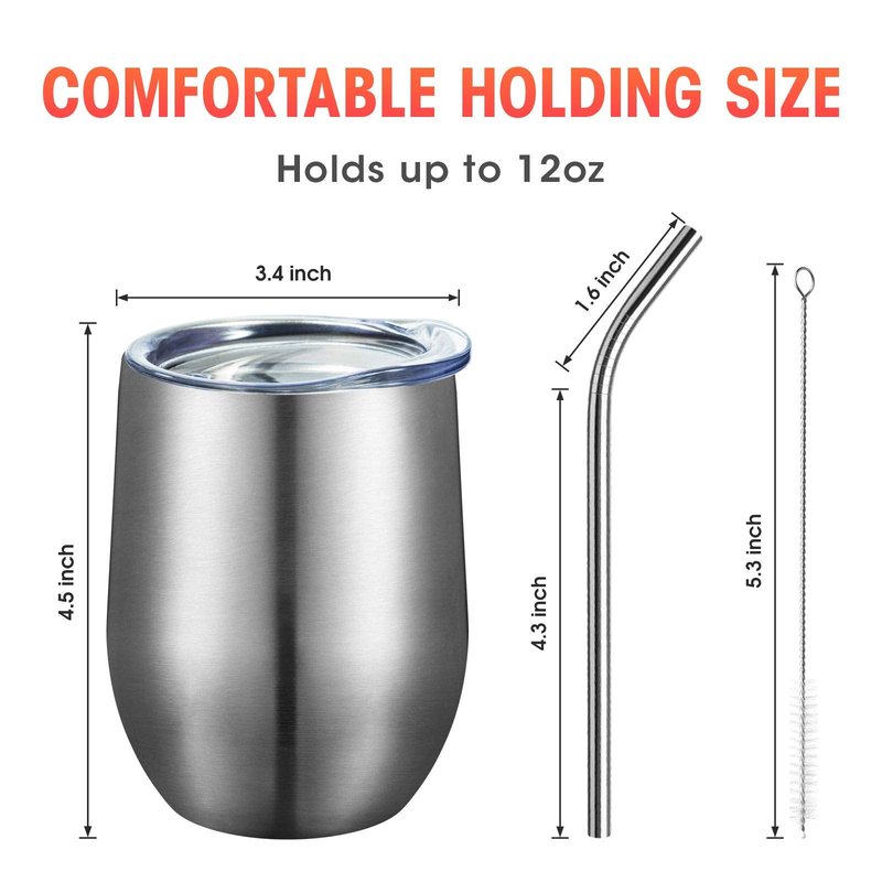 COMOOO 16 Pack 12oz Insulated Wine tumbler with Lid, Stainless Steel Stemless Wine Tumbler,Double Wall Vacuum Wine Tumbler Cups with Straw for Coffee, Cocktails,Beer,Champaign, Silver