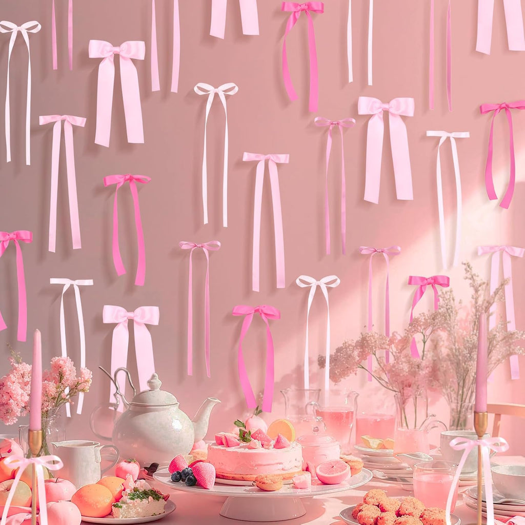 Skiennix Pink Bow Wall Decor - 40 Pcs DIY Ribbon Bows Garland for Birthday, Baby Shower & Room Decor