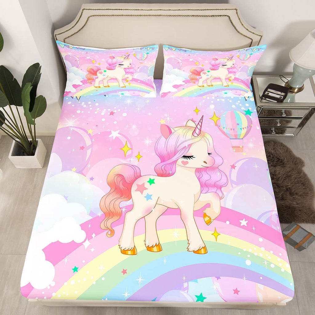 Feelyou Kawaii Cute Rainbow Unicorn Bed Sheets for Kids Boys Girls Queen Size 1 Sheet + 2 Pillowcases