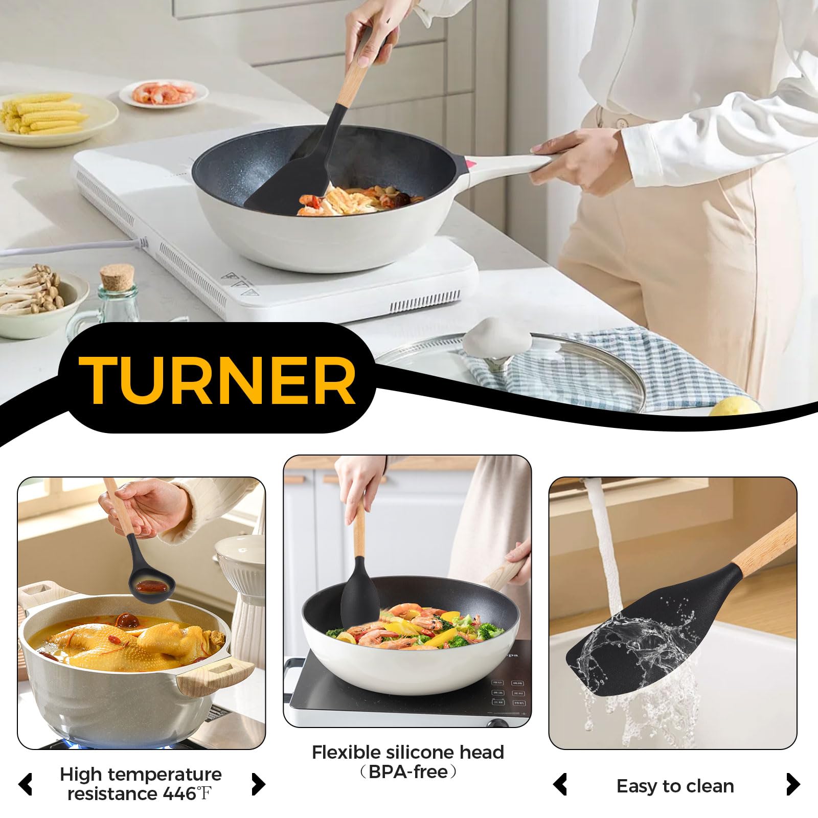 Silicone Cooking Utensils Set, 34 PCS Kitchen Utensils Set, 446℉ Heat Resistant Non-Stick Silicone Cooking Kitchen Utensils with Wooden Handle, Kitchen Gadgets Tools Set for Nonstick Cookware