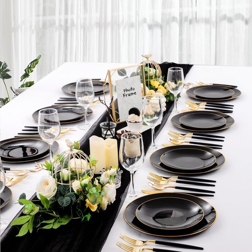 Nervure 150PCS Black Plastic Plates - Black and Gold Disposable Plates - Premium Heavyweight Gold Plastic Dinnerware with Black Silverware Ideal for Wedding & Halloween & New Year