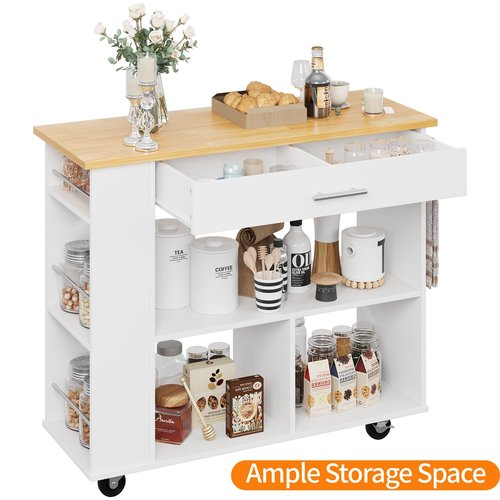 Shintenchi Kitchen Island on Wheels with Storage, Wheeled Island & Cart with 3-Tier Spice Rack, 3 Open Shelves and 1 Drawer, White