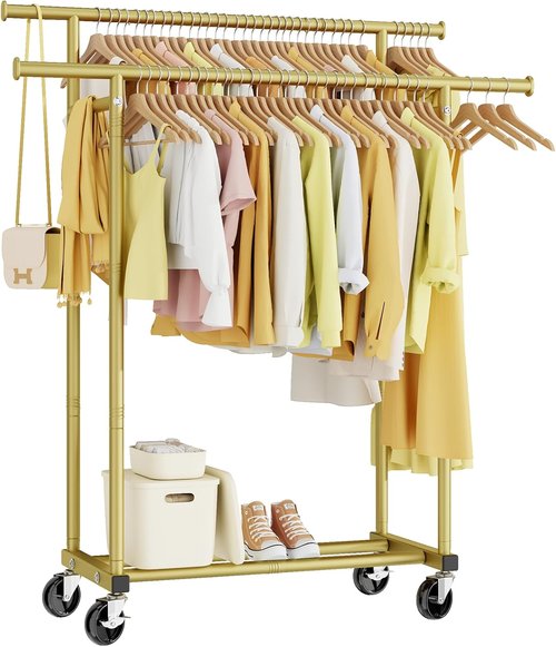 HYSEYY Double Rods Clothes Rack - Sturdy Portable Rolling Garment Rack for Bedroom & Laundry | Gold Finish