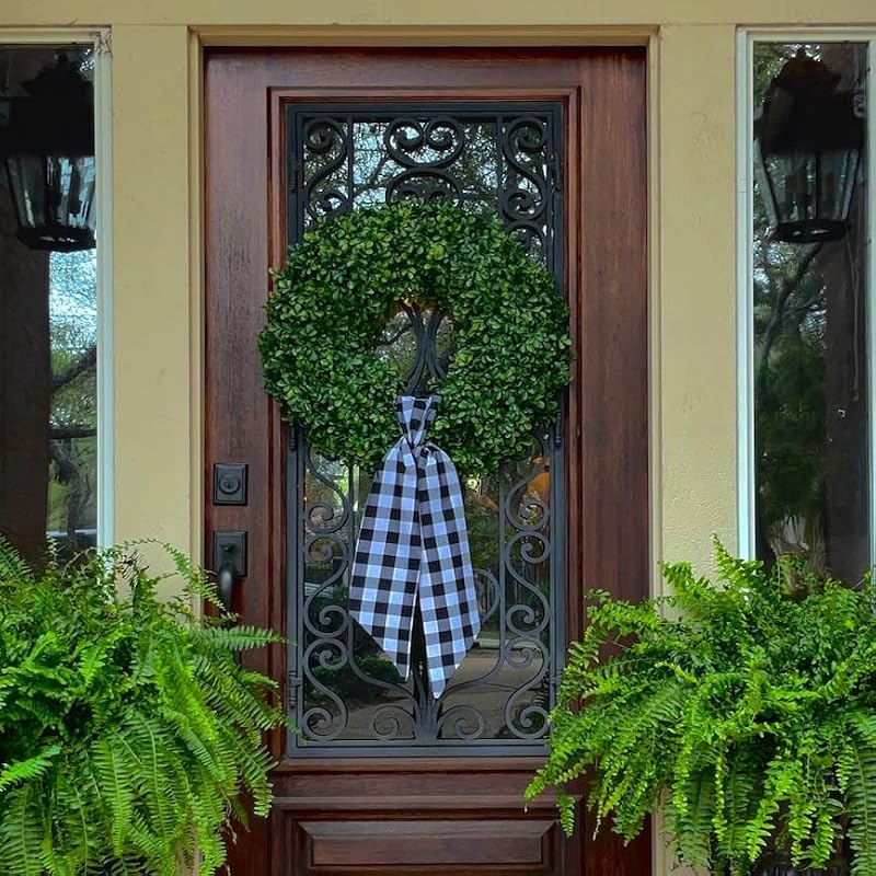 20-Inch Artificial Boxwood Wreath with Buffalo Check Sash for Front Door