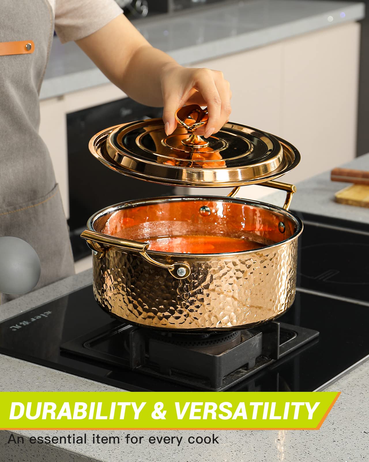DAEDALUS 2QT Stainless Steel Stock Pot with Lid 3 Triply Clad Hammered Copper Pot, Nonstick Boiling Cookware for Home Kitchen Restaurant, Dishwasher Oven Safe Rose Gold