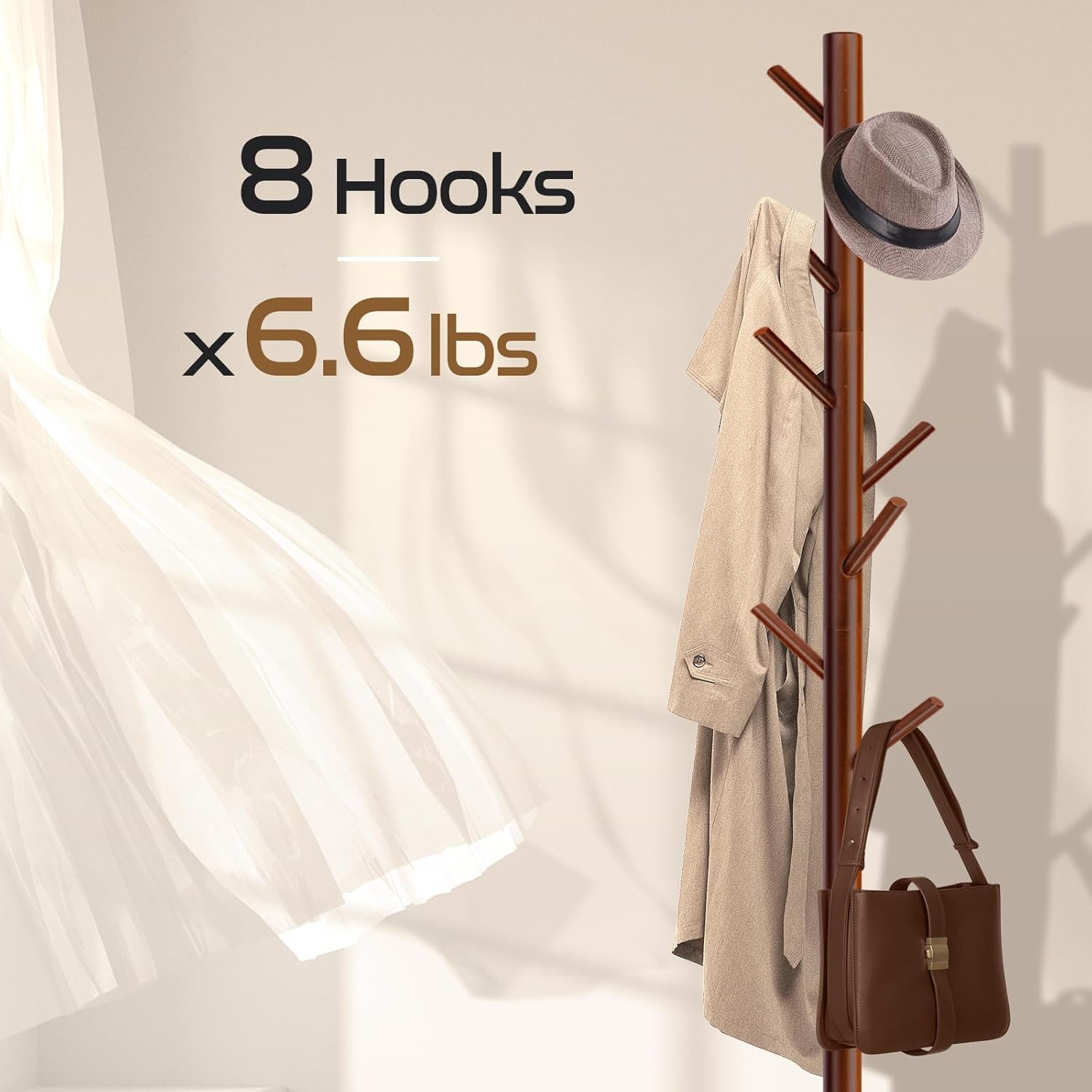 Skiennix Solid Wooden Coat Rack - Freestanding New Zealand Pine Coat Tree with 8 Hooks | Adjustable Sizes for Coats, Hats, and Handbags (Brown)