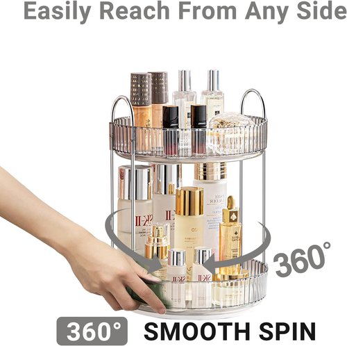 Asayuee 360° Rotating Makeup Organizer - Stylish Grey 2-Tier Vanity & Bathroom Countertop Storage