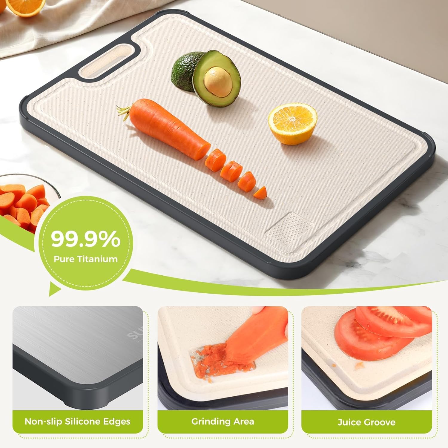 Titanium Cutting Board - Double-Sided Food Grade Pure Titanium | Easy to Clean, Large Size 18” x 12.5”