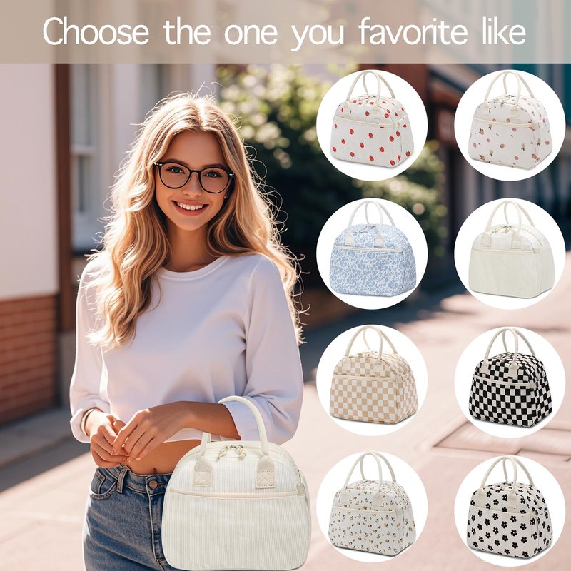 Carry bloom Lunch Box for Women, Insulated Lunch Bag Cute Corduroy Lunchbox Reusable Tote Bags for Work (beige corduroy)