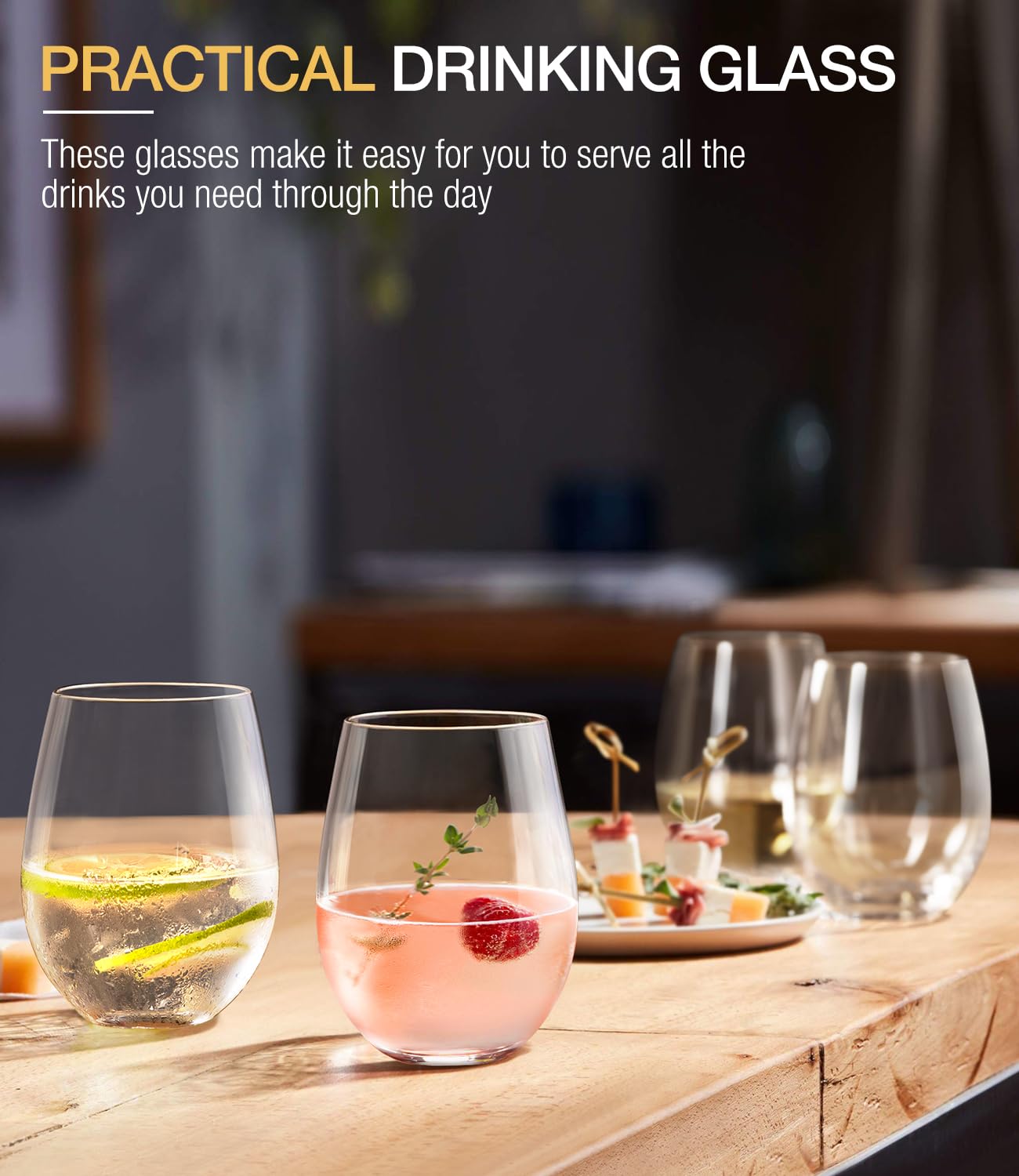 LUNA & MANTHA Stemless Wine Glasses Set of 4, 18oz Crystal Red White Wine Glasses for Daily Use, Hosting, Home Bar, Evening Party, Birthdays, Shower, Housewarming Gift, Clear