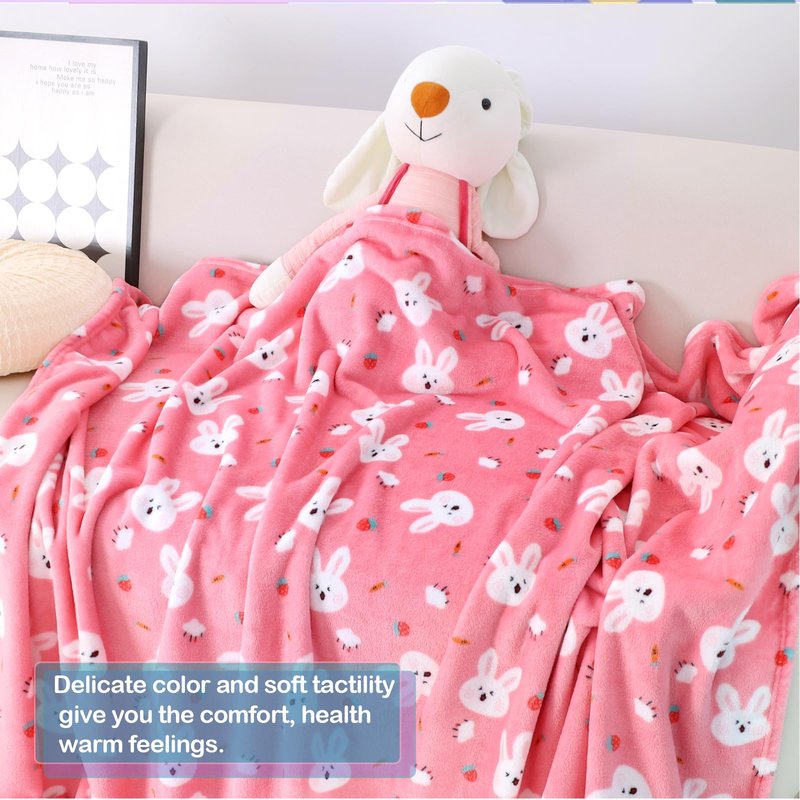 Warm Soft Toddler Fleece Blankets for Girls with Cartoon Bunny Pattern Print - Cozy Fuzzy Plush Flannel Kids Throw Blanket for Daycare & School - 50x60 inches (Pink)