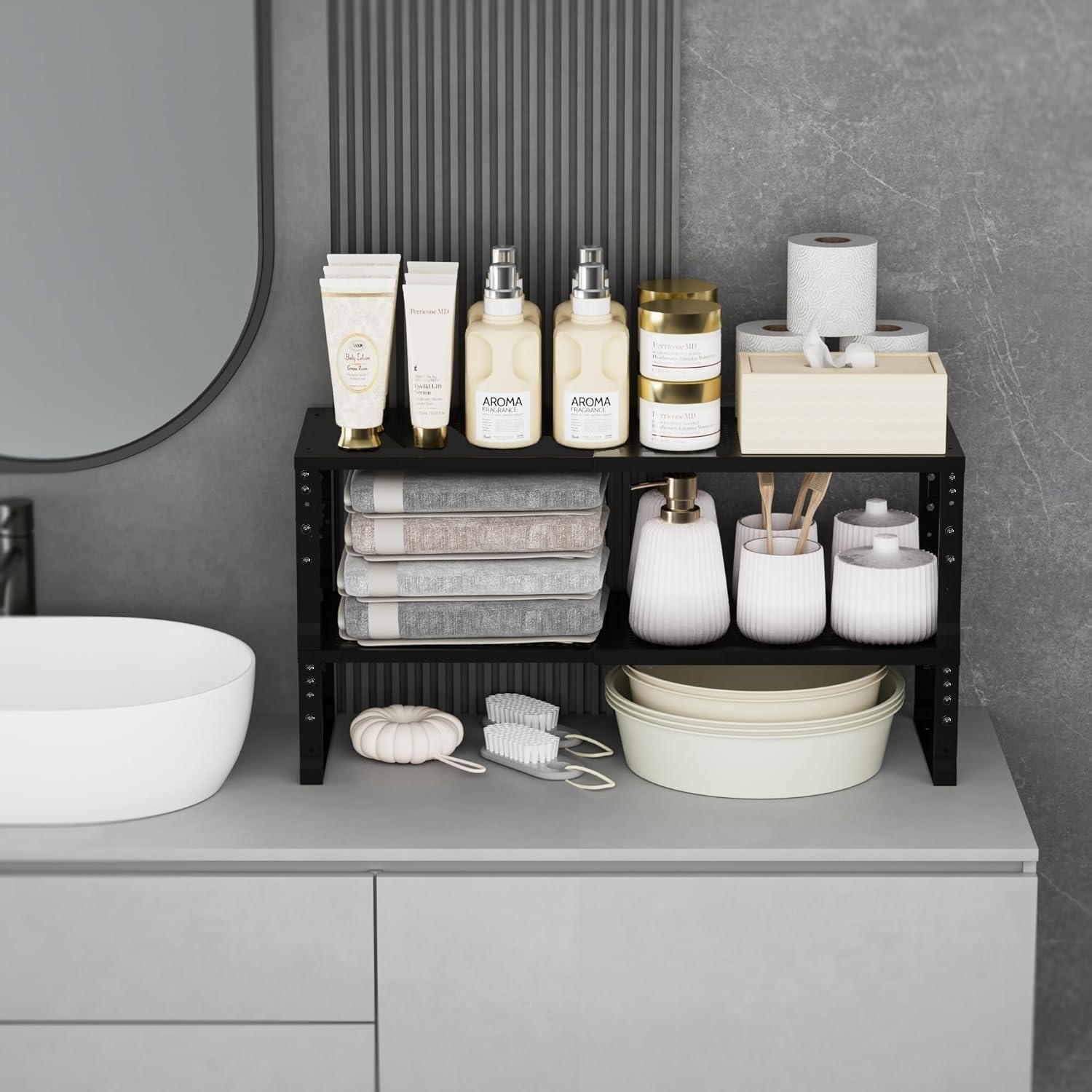 Wobmmi Expandable Spice Rack Organizion for Kitchen Cabinet, Seasoning,Bathroom Organizer Display Shelf, Stackable Multi-Purpose Shelves.Easy-to-Install（2Packs/Black,Large