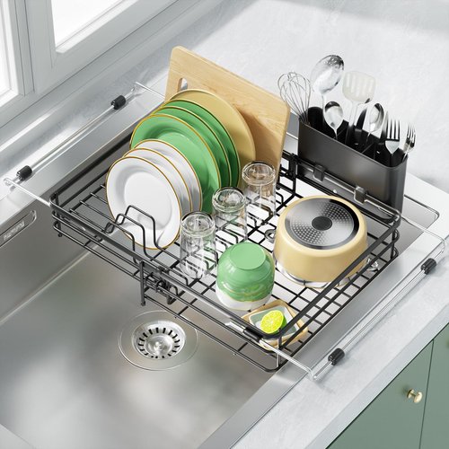 CosyPic Expandable in Sink Dish Drying Rack - Adjustable Capacity (11.1''-18.43 ''L) Over Sink Dish Drainer Drying Rack for Kitchen Counter, Dish Rack with Utensil Holder